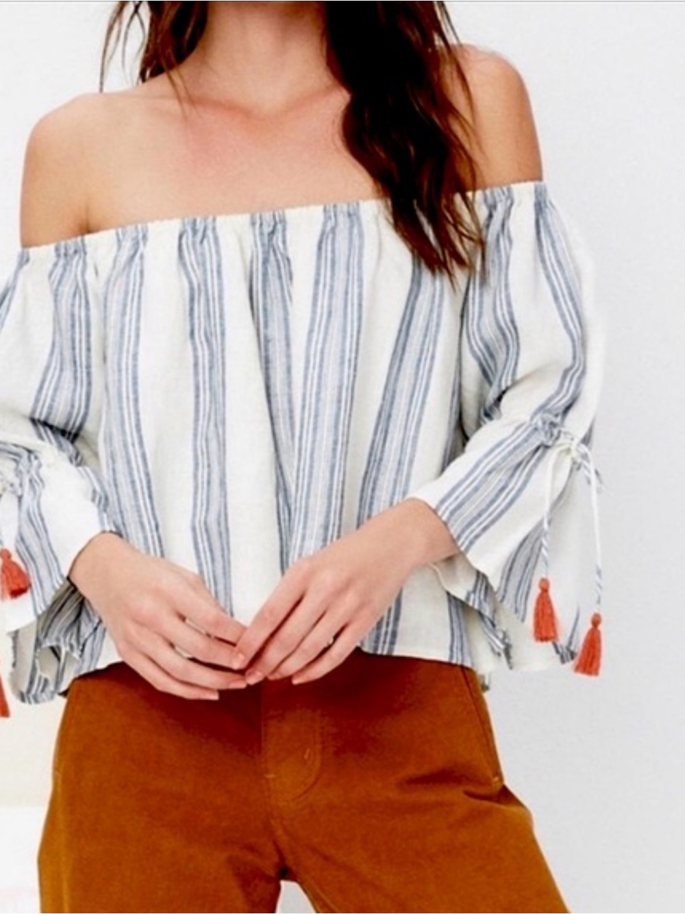 Tularosa Blue & White Striped Off-Shoulder Crop Top - Picture 5 of 6